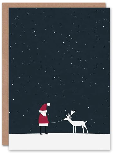 Wee Blue Coo Greeting Card Santa Claus With White Reindeer in Snow Modern Blank For Him Or Her Art Xmas Christmas Card