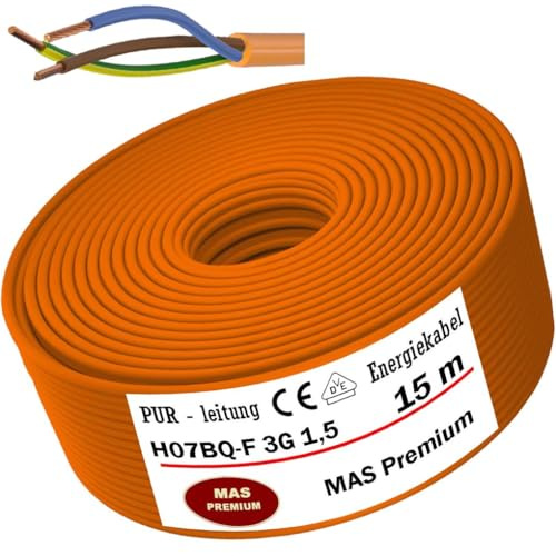 MAS Premium 5-170m PUR-Leitung Kabel H07BQ-F 2x1,5 3G1,5 2,5 4G1,5 5G1,5 2,5 4 6 7G1,5 Orange Geräteanschlussleitung landwirtschaftlicher oder Geräte Baustellenkabel (H07BQ-F 3G1,5OR, 15m)