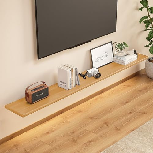 Meuble TV Suspendu Bois Massif - Meuble TV Mural avec Passe-Câbles Etagères Murales pour Console Multimédia, Divertissement, Jeux pour la Maison et Bureau,Wood Color,24×180cm(10×71in)