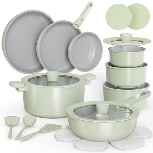 CAROTE 25pcs Ceramic Cookware Set Nonstick, Pots and Pans Set Non stick, Non Toxic Cookware, Dishwasher/Oven Safe, RV/Camping Cookware Set, Pan and Pot with Kitchen Utensils, Green