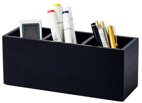 Wood Pens Pencils Holder Cup for Desk Remote Control Holder, Caddy, Organizer, Desktop Storage with 3 Compartments, Multiuse for Store TV Remotes, Game Console, Phones, Office Supplies (Black)