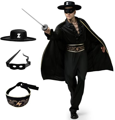 BuzzoXerex Maskierte Bandit Kostüm Herren, Karneval Maskierte Banditen Kostüm Herren, Schwarz Mittelalter Costume mit Umhang, Filzhut, Maske, Rüschenhemd, Hose und Gürtel für Karneval (L)