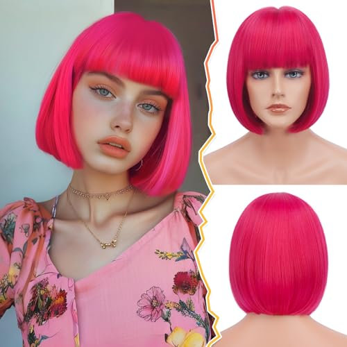 BARSDAR Corto Bob Parrucche con Frangia, 30cm Hot Rosa Bob Parrucche per Donne Corto Parrucche Natuaral Resistente al calore Sintetica Fibra Capelli Parrucca Partito - Hot Rosa