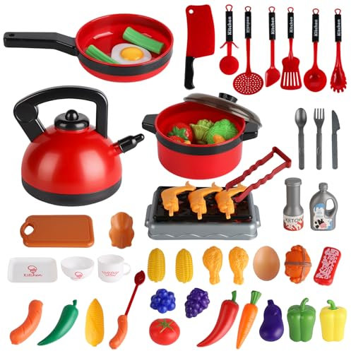 76PCS Bbq Toy Kitchen Playset - Kids Kitchen Accessories, Cooking Games with Shovel, Pan, Baking Tray, Chopsticks, Toy Food, Kids BBQ Playset for Boy Girl Age 3 4 5 6+