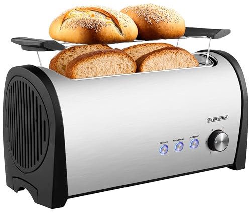Steinborg Tostapane a 4 fette con inserto per panino, XXL, in acciaio inox, blu, illuminazione a LED, spegnimento automatico, tostapane doppio, tostapane per famiglie
