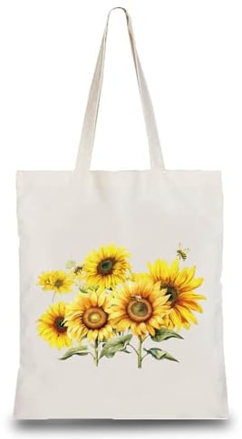 CREATCABIN Sonnenblumen Einkaufstaschen Canvas Umhängetasche Mit Griff Blumen Bienen Design Wiederverwendbar Leicht Faltbar Baumwoll Tragetasche DIY Basteln Einkaufen Strand Fitnessstudio 34x38cm