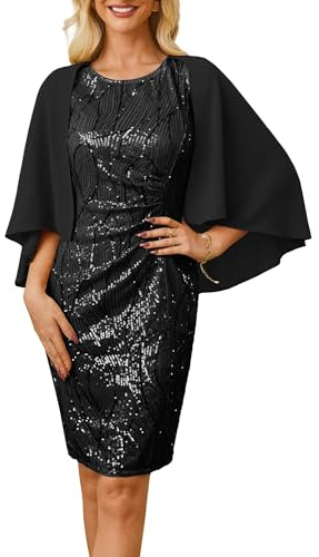 GRACE KARIN Women Sequin Cocktail Dress with Chiffon Shawl Round Neck Knee Length Evening Party Formal Dress Dresses for Wedding Guest