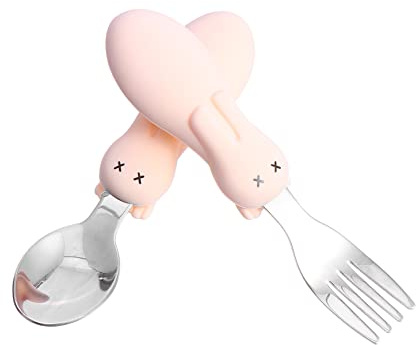 UTHCLO Küchengeschirr mit Hasenmotiv Edelstahl und Silikon Essgeschirr für Kleinkinder Babybesteck mit Glatter Griff Sterilisierbar Esslöffel für Kleinkinder