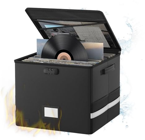 Gevvnss Vinyl Record Storage Box with Lock,Fireproof&Waterproof Vinyl Storage Case for Records Holds 150+ Single Records,Collapsible Portable Record Organizer for Collecting Valuable Album