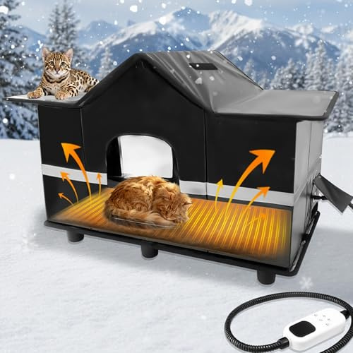 Homegroove Beheiztes Katzenhaus Outdoor - Winterfests Isoliertes Katzenhaus für Draußen mit Heizpad & Dachfenster - Schutz für Streuner & Wildkatzen (Schwarz)