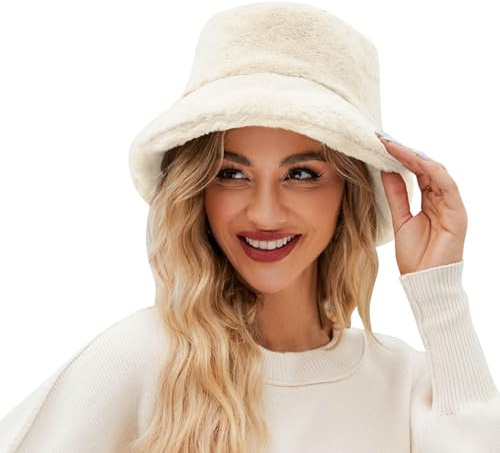 Generisch Wintermütze aus Kunstfell Damen Plüsch Fischerhut Flauschige Bucket Hat Warme Anglerhut