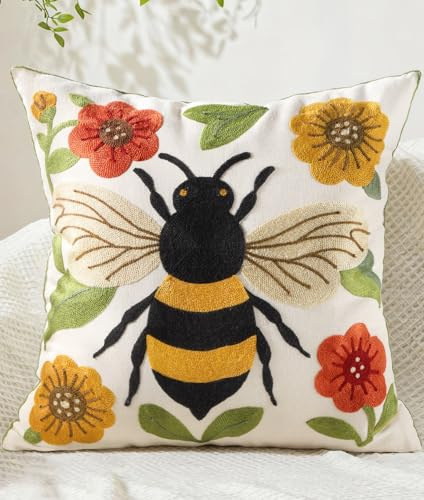 Kokaaee Embroidered Throw Pillow Cover 18x18 Inch - Spring Boho Decorative Animal Pillow Covers with Zipper for Couch Sofa Bedroom Living Room Cushion Pillowcase, Bee Floral