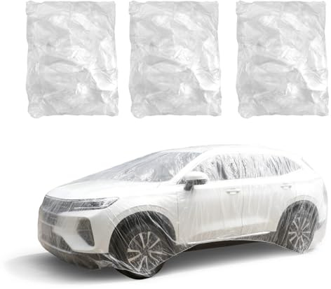 3 Pieces Non-Reusable Car Cover with Elastic Band, Clear PE Full Exterior Car Covers, Indoor Outdoor Garage Snow Rain Vehicle Protection Large (15.7 Ft x 24.6 Ft)