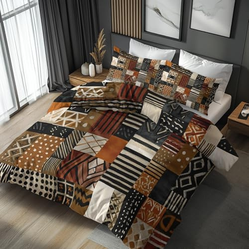 Generisch Bettwäsche 135x200 Afrikanisch Patchwork, Weiche Bügelfreie Mikrofaser Bettbezug Set 2tlg, Tribal Ethnisch Muster Schlafzimmer Deko, 1 Kissenbezug 80x80, mit Reißverschluss FG32