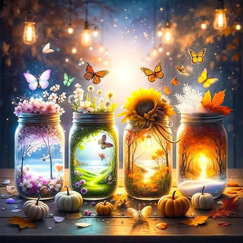 OkarinaArt Diamond Painting Erwachsene – Wunschflasche, 35 x 35 cm | DIY 5D Diamant Painting für Anfänger, Diamant Malerei Set, Runde Diamanten, Vier Jahreszeiten Wanddekoration, Geschenkidee