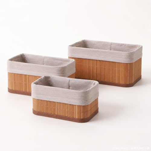 3er Set Bambus Aufbewahrungskörbe mit Stoffeinsatz – Stapelbare Organizer Körbe für Bad, Wickeltisch & Regal, Natur (B00002)