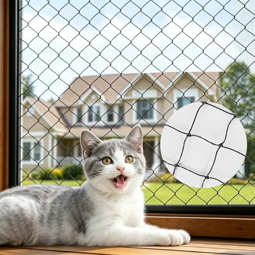 Katzennetz für Balkon 2x3m Schwarz, Drahtverstärkt & Reißfest, Ohne Bohren Montierbar, UV-beständiges Balkonnetz für Katzen, inkl. Befestigungsset, Katzenschutznetz für Fenster, Terrasse & Türen