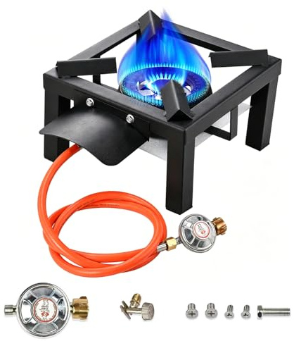Cocina Portatil Gas,Diseño Portátil,Cocina Exterior Con Protector De Calor,Manguera De 1,5 m Con Reductor De Presión,Quemador De Hierro Fundido Adecuado Para Camping,Picnics,Reuniones Familiares,Etc.