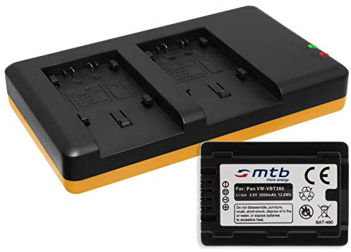 Akku [3560mAh] + Dual-Ladegerät (USB) für VW-VBT380 / Panasonic HC-VX989... / HC-W570, W850, WX979... s. Liste! mit Infochip (Akkulaufzeitanzeige unterstützt)