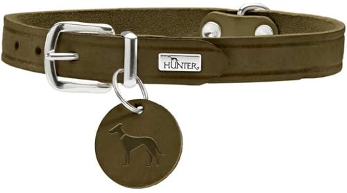 HUNTER Hundehalsband AALBORG, Farbe: oliv, robustes & strapazierfähiges Leder, starke Fettung, ideal für Hundesport & Alltag, mit Lederanhänger, Made in Germany, Größe: 42