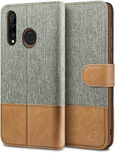 BEZ Handyhülle für Huawei P30 Lite Hülle, Tasche Kompatibel für Huawei P30 Lite, Schutzhüllen aus Klappetui mit Kreditkartenhaltern, Ständer, Magnetverschluss, Grau