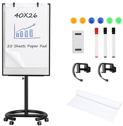 TANKEE Mobiles Whiteboard, trocken abwischbar, 101,6 x 66 cm, tragbar, magnetisch, Whiteboard, Staffelei, Flipchart-Ständer mit 25 Blatt Papierblock