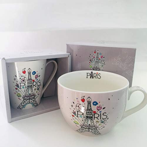 KIUB - Lot bol plus mug Paris Tour Eiffel - Bol rose pastel et mug blanc pur ornés avec la Tour Eiffel en fleurs et un chat