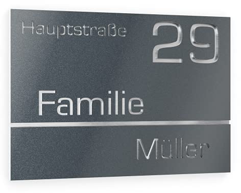 GRAVIERS DESIGN Número de Casa Exterior Personalizable de Acero Inoxidable. 380 x 264 mm en Gris antracita metálico Resistente a la Intemperie. Para Puertas y Portales. [Made in Germany]