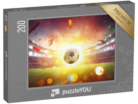 puzzleYOU: Puzzle 200 Teile „Schwimmender Fußball im Fußballstadion mit Rauch und Bokeh abstrakt“