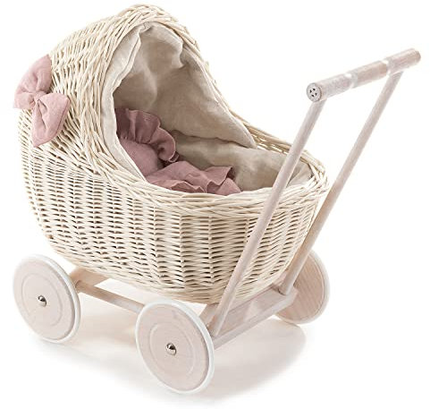 e-wicker24 Alles aus Weide DESAYER PUPPENWAGEN AUS WEIDE MIT LEINEN BETTWÄSCHE, Spielzeug AUS WEIDEN IN BEIGE, NATÜRLICHE KINDERSPIELZEUG, EIN Geschenk FUR EIN Kind (rosa)
