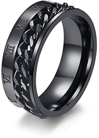 Gualiy Herrenring Siegelring, Verlobungsring aus Chirurgischer Stahl mit 8MM Römische Zahlen Drehbare Kette Ring für Mann Schwarz, Größe 54 (17.2)