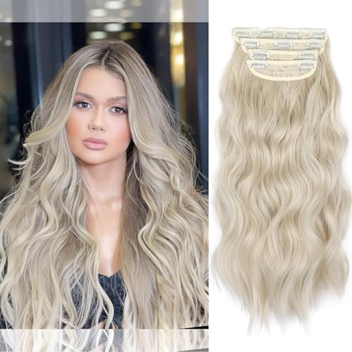 Ash Blonde Clip in Hair Extension, 20 Inches Long Synthetic Wavy Hair Extension Clip in for Women and Girls (Light Blonde Mix Bleach Blonde, 4pcs)