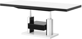 HM-120 Couchtisch Weiß Hochglanz / Schwarz Hochglanz ausziehbar höhenverstellbar 120/170cm Schublade modern Wohnzimmertisch Esstisch Beistelltisch Sofatisch platzsparend hochwertig Wohnzimmer