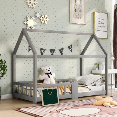 Kayan Kinderbett Hausbett 90 x 200 cm, Holzbett für Kinderzimmer, inkl. Tafel|Lattenrosten|Rausfallschutz, aus Kiefernholz, ohne Matratze (Grau)