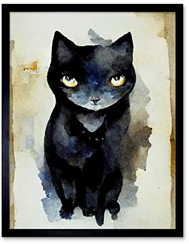 Doppelganger33 LTD Curious Black Cat Watercolour Painting Art Print Framed Poster Wall Decor 12x16 inch
