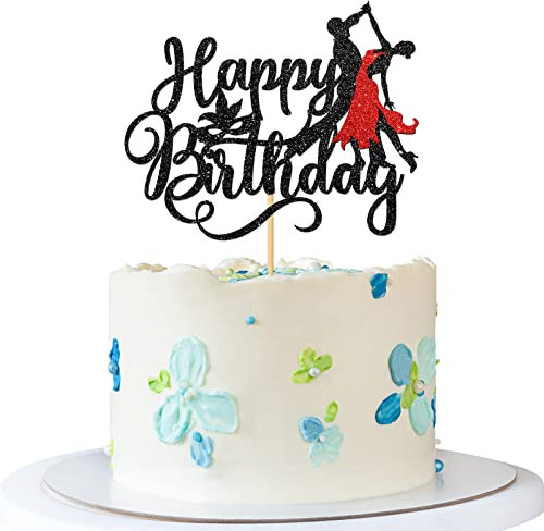 RoadSea Latin Dance Happy Birthday Cake Topper - Dancing Girl Boy Birthday Cake Supplies - Women Men Birthday Party Decorations - Black Glitter