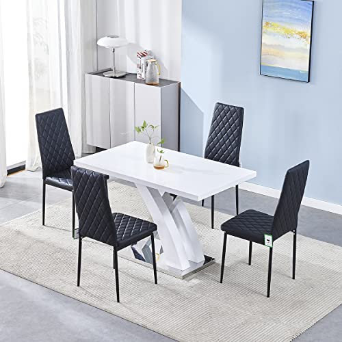 Panana Elegant White High Gloss Kitchen Dining Table 120CM X Shape With 4pcs Dining Chairs Set (White table with 4 Black chairs)