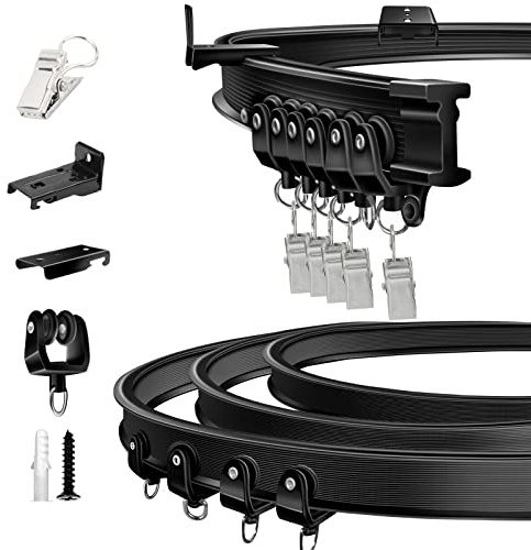 TOKPLNU Decken-Vorhangschiene, flexibel, biegbare Vorhangschiene, für Vorhangschienen-Wandmontage, gebogenes, robustes Vorhangschienen-System-Set für Raumteiler, Erkerfenster, 4,9 m, Schwarz