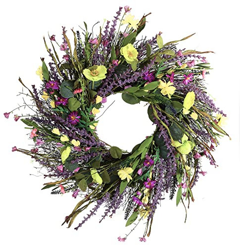TITA-DONG Artificial Lavender Wreath, Beautiful Dried Lavender Wreath, 24Inch Lavender Flower Wreath with Greenery Eucalyptus Leaves, Front Door Wreath for Wedding Outdoor Wall Home Holiday Decor(#1)