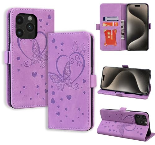 CASAFUNY Custodia per iPhone 15 Pro Max Custodia Pelle Pro Maxtettiva Portafoglio Magnetica Flip Case Libro per iPhone 15 Pro Max, Viola