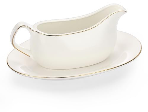 BSTKEY Weiße Keramik-Sauciere mit Tablett, Porzellan-Untertasse, Krug mit Goldrand, Dekor für Thanksgiving, Weihnachten, Sauciere mit großem tropffreiem Lippenauslauf für Soßen, Salat, Dressings,