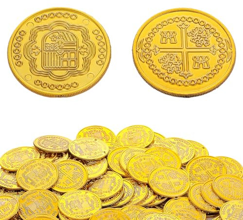DSLSQD 100 Stück Goldmünzen,Piratenschatz Goldmünzen Spielzeug,Kunststoff Goldtaler,Spielmünzen,Künstliche Goldmünzen,für Kindergeburtstag Gastgeschenke Piraten Abenteuer Schatzsuche Veranstaltung