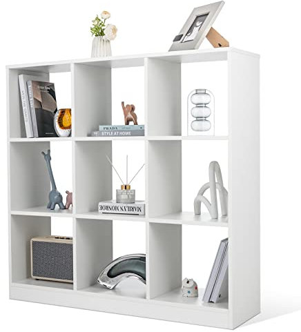 KOMFOTTEU Offenes Bücherregal mit 9 Fächern, Würfelregal Holz mit Kippschutz, Raumteiler Regal Standregal 107,5 x 33 x 107,5 cm, Weiß