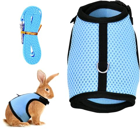 Tibapla Verstellbares Kaninchen Geschirr mit Elastischer Leine Schleppleine für Kleintiere Mesh Kaninchen Geschirr Kitty Geschirr und Leine für Häschen Katze Little Pet Kleines Tier (Blau, S)