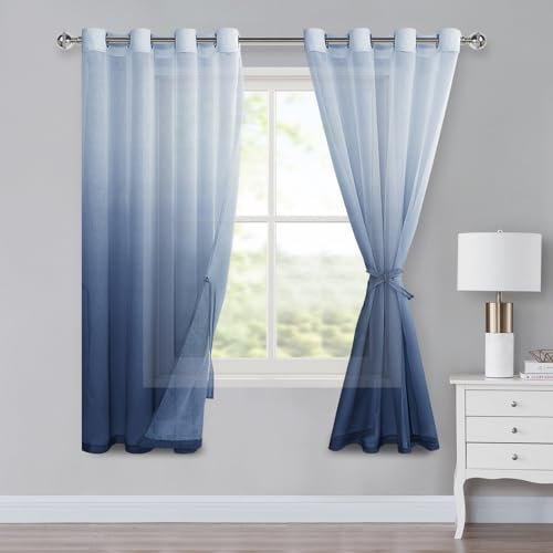 XWZO Voile Gardinen mit Ösen Vorhänge Farbverlauf Vorhang Sheer Ombre Gardinen 2 er Set für Schlafzimmer und Wohnzimmer Schlaufengardinen mit Raffhalter H160xB140cm Jeansblau