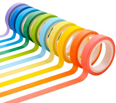Ulawellor Washi Tape 10 Rollen Klebeband Bunt,Regenbogenfarbenes Klebeband für Dekoratives Handwerk,Geschenkverpackung,Heimwerker, Tagebuch,Scrapbook (7mm Breite)