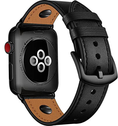 Soyeacrg Compatible con Correa Apple Watch 38mm 40mm 41mm 42mm 44mm 45mm 49mm, Correa Deportiva de Repuesto de Cuero Genuino para iWatch Series 9 8 SE 7 6 5 4 3 2 1 Ultra 1 2,Black,42/44/45/49mm