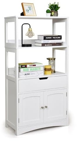 HOMASIS Estantería con 2 Puertas de Almacenamiento, Librería Independiente con 2 estantes de Madera Abiertas, Estante gabinete Vertical para salón, Dormitorio, Oficina, 60x32,5x122cm (Blanco)