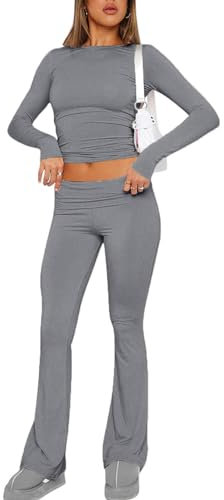 ABINGOO Damen Lounge Set Langarm Oberteil Und Schlaghose Yoga Trainingsanzug Zweiteiler Outfit Schmal Loungewear Set(Dunkelgrau,S)