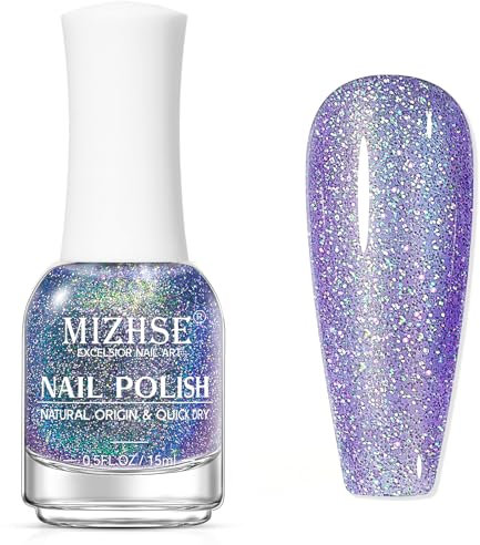 MIZHSE Smalto glitter, ad asciugatura rapida, a base di olio per unghie, senza lampada UV, formula a lunga durata, asciugatura rapida, colore lilla, 1 x 15 ml